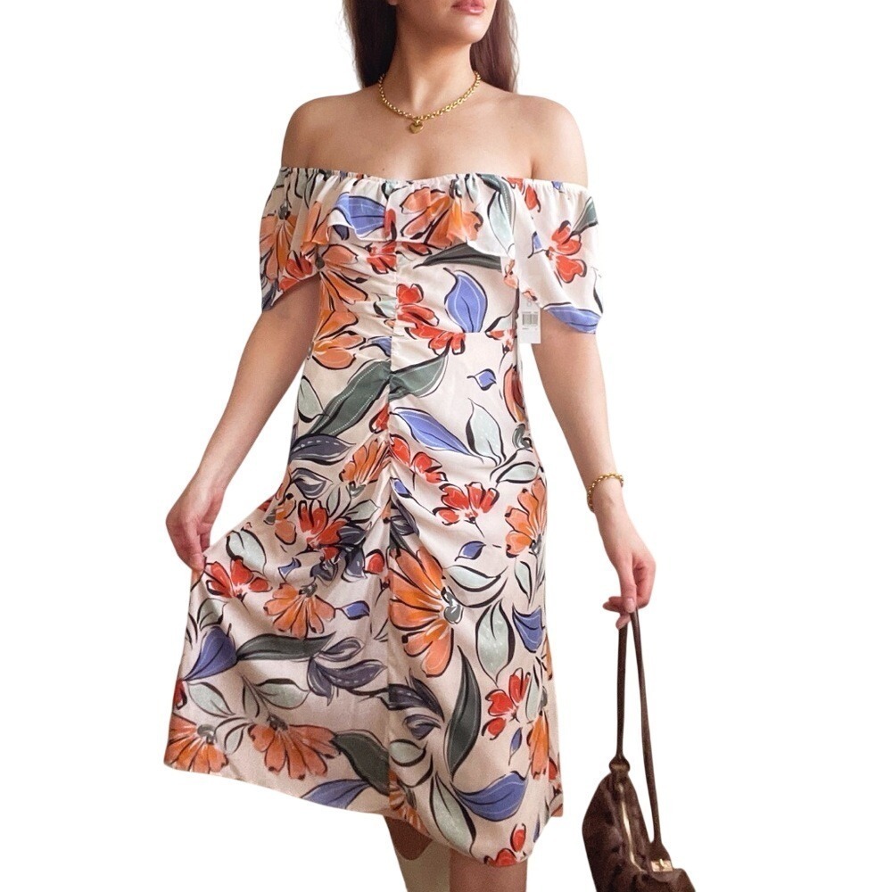 Donna Morgan Y2K Boho Romantic Cottage Peach Floral Ruffle Midi Dress